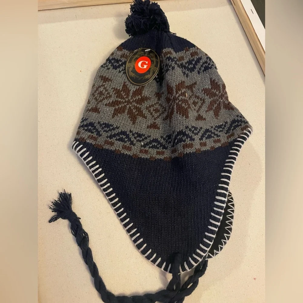 Navy and Gray Knit Earflap Hat  Snowflake Fleece Lined Winter Trapper Hat